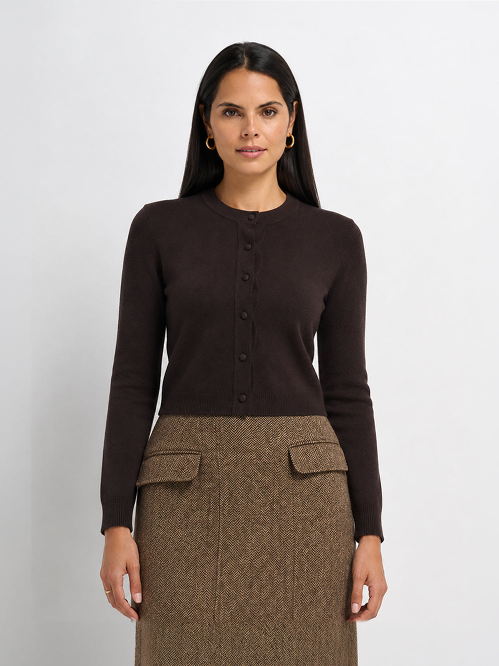 Basic Crew Knit Cardigan 17" - Brown