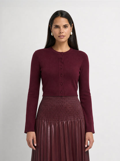 Basic Crew Knit Cardigan 17"- Burgundy