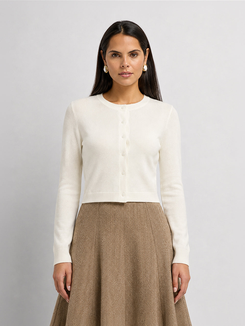 Basic Crew Knit Cardigan 17"- Cream