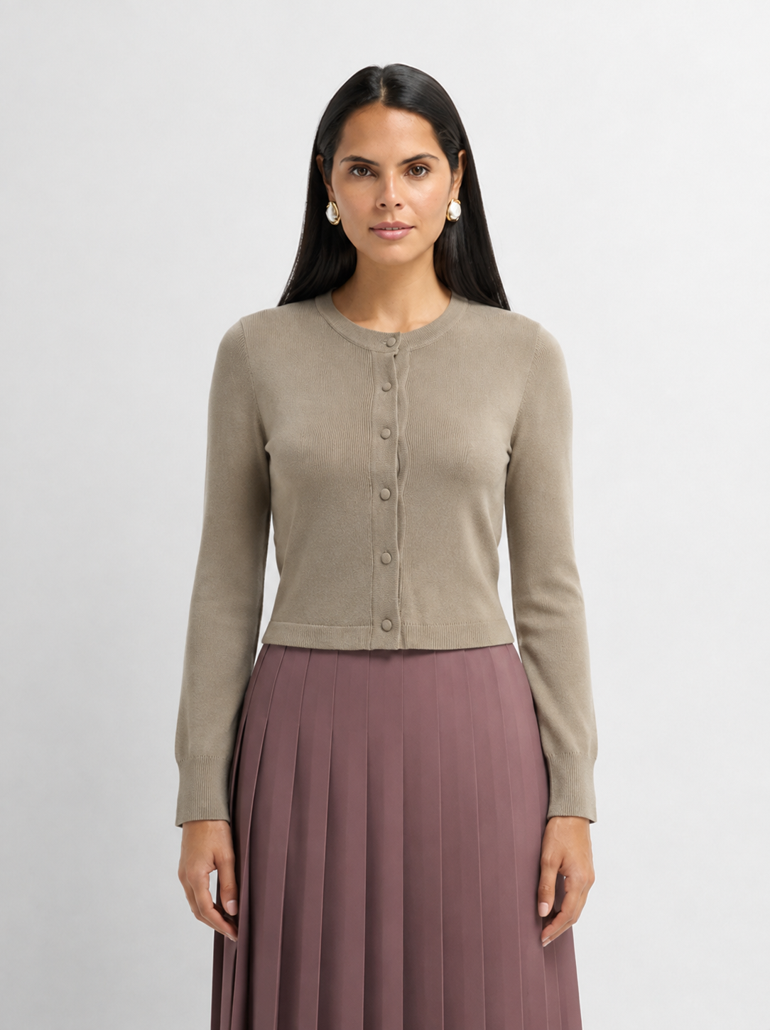 Basic Crew Knit Cardigan 17" - Warm Taupe