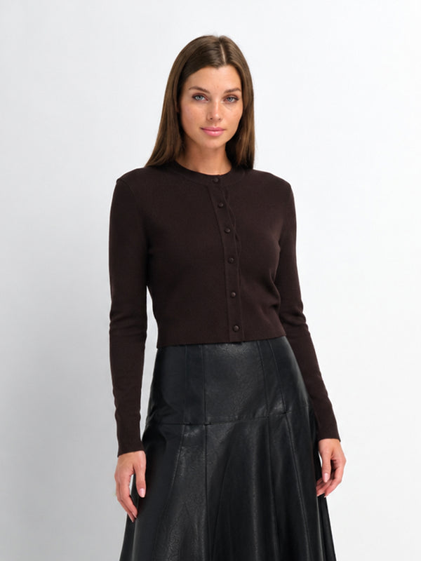 Basic Crew Knit Cardigan 20" - Brown