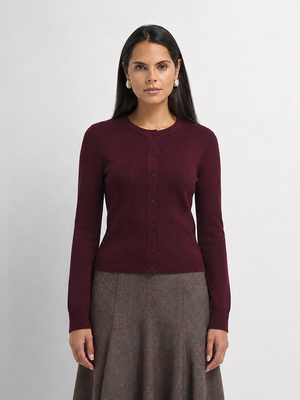 Basic Crew Knit Cardigan 20"- Burgundy