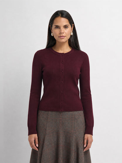 Basic Crew Knit Cardigan 20"- Burgundy