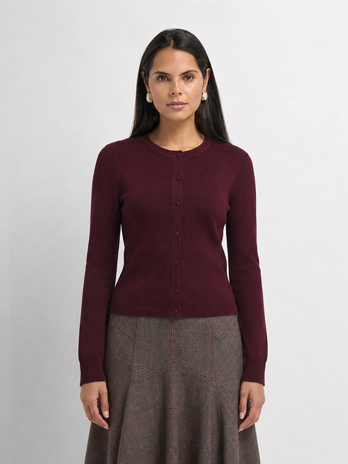 Basic Crew Knit Cardigan 20"- Burgundy