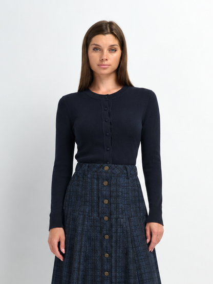 Basic Crew Knit Cardigan 17"- Navy