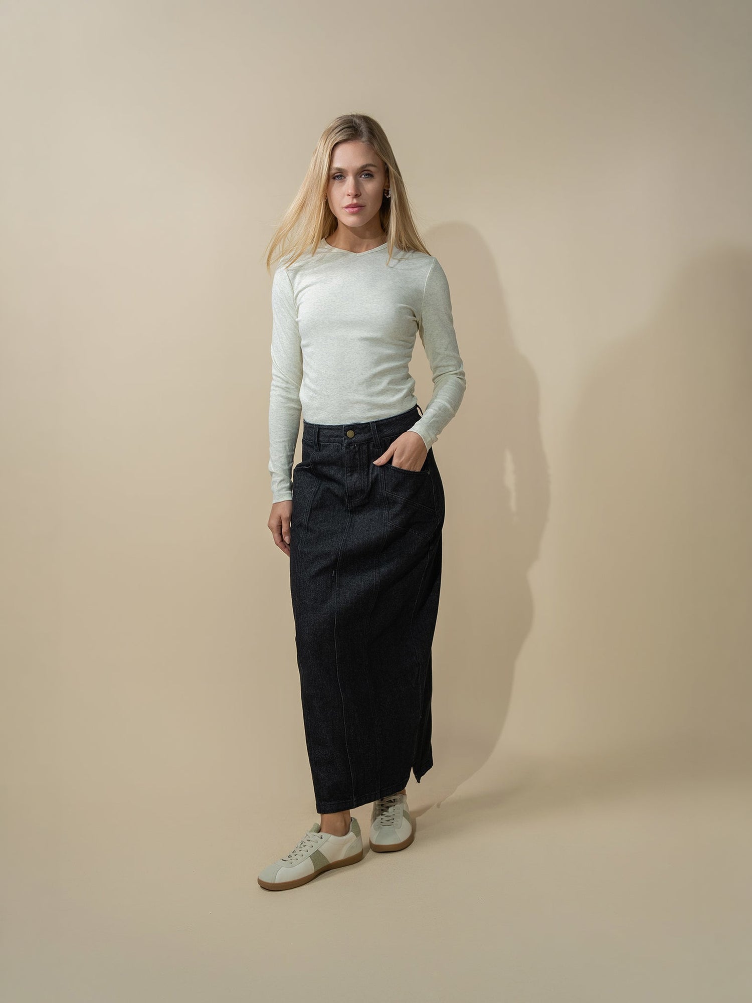 Basic High V Tee Long Sleeve-Heathered Grey/Yellow