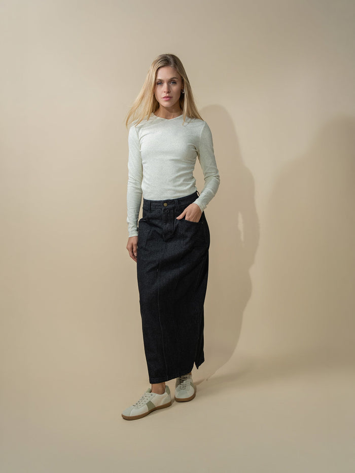 Basic High V Tee Long Sleeve-Heathered Grey/Yellow