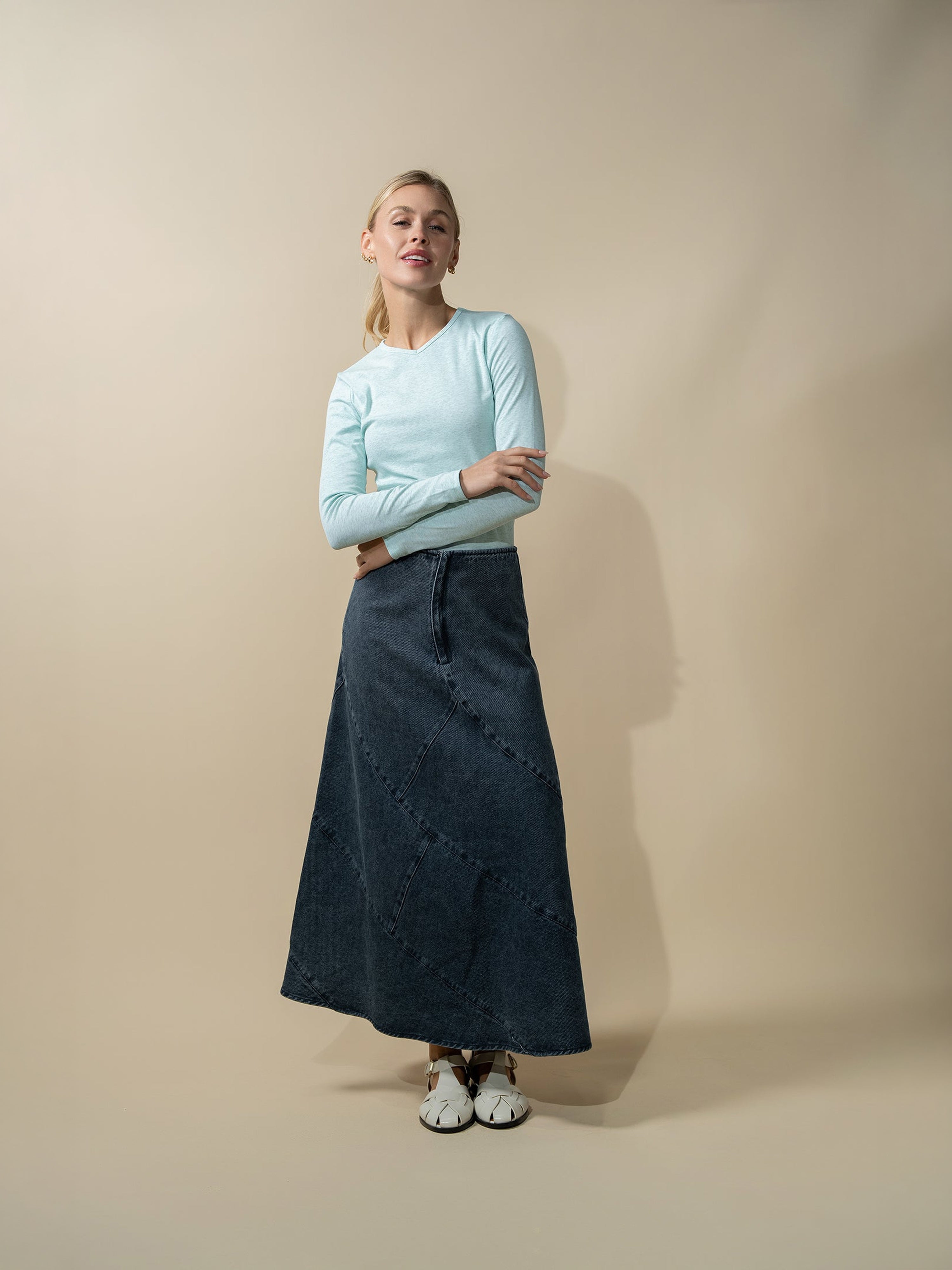 Basic High V Tee Long Sleeve-Heathered Mint/Grey