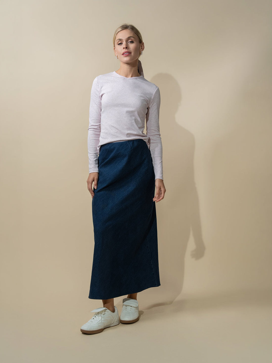Basic High V Tee Long Sleeve-Heathered Pink/Grey
