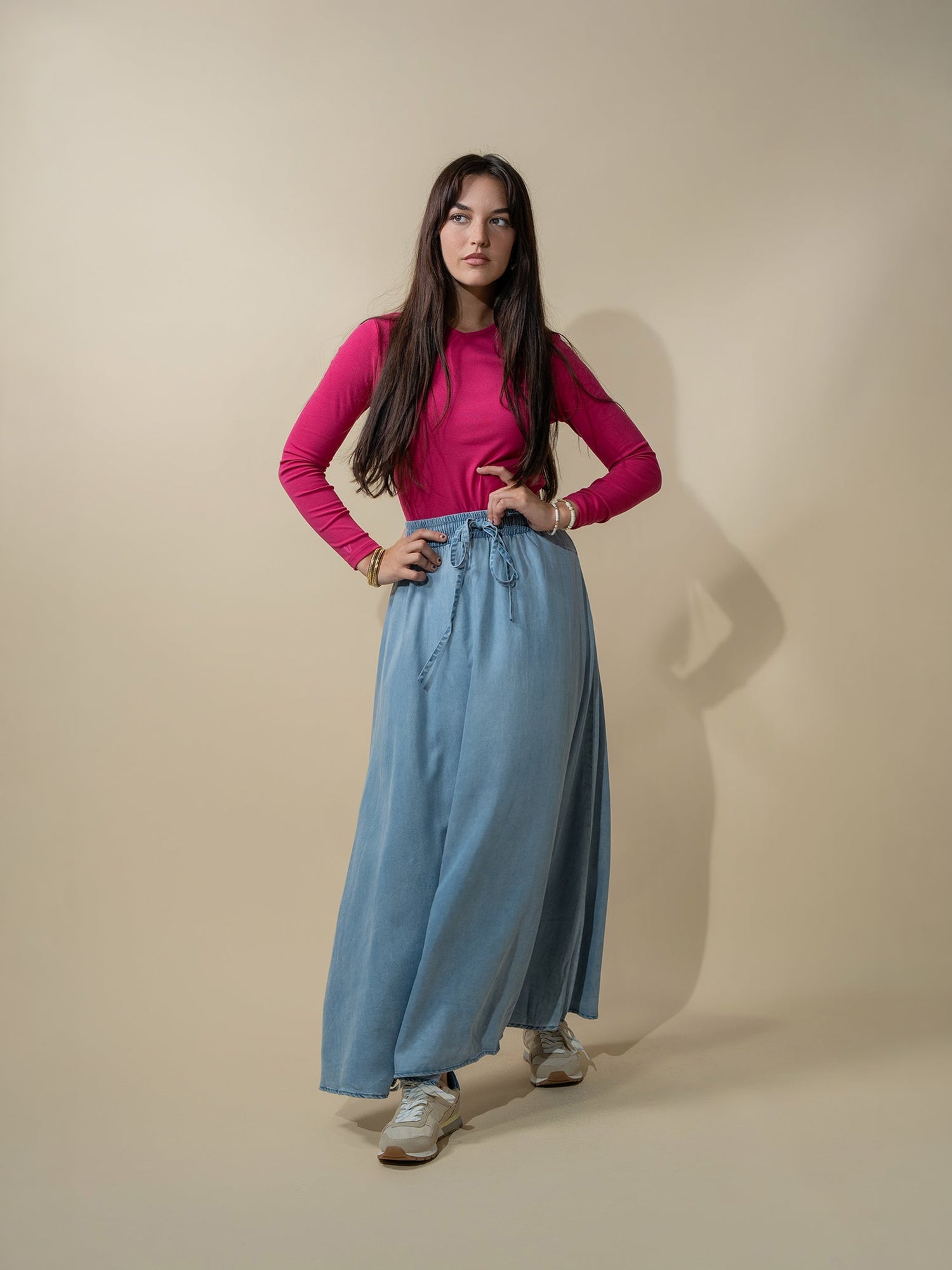 Basic High V Tee Long Sleeve-Hot Pink