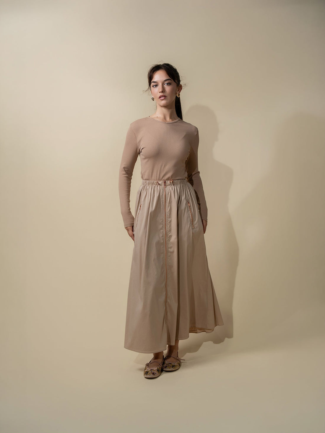 Basic High V Tee Long Sleeve-Taupe