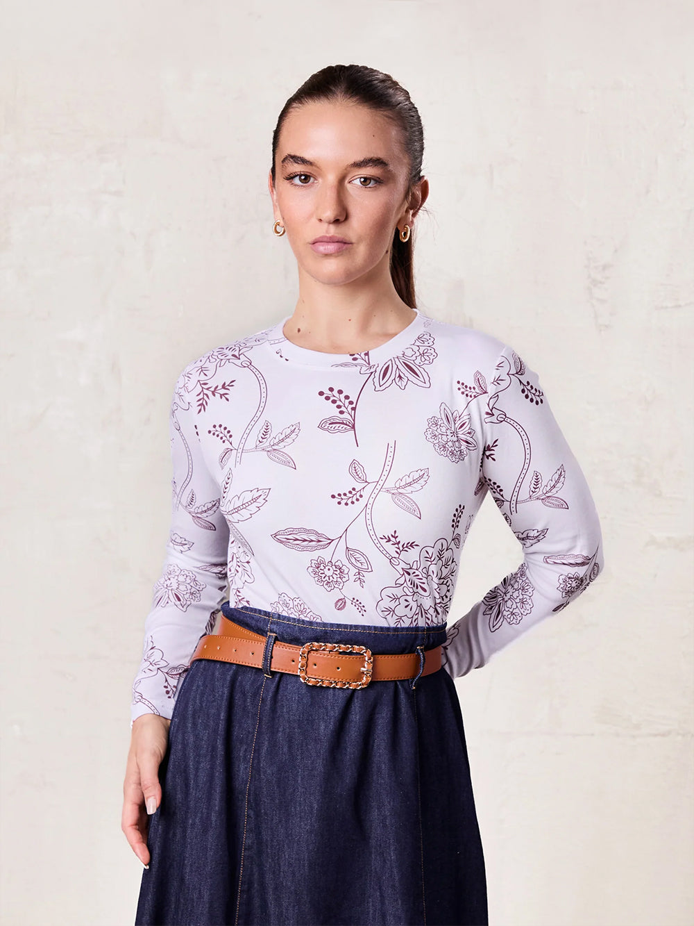Basic Printed T-shirt-Burgundy Flower