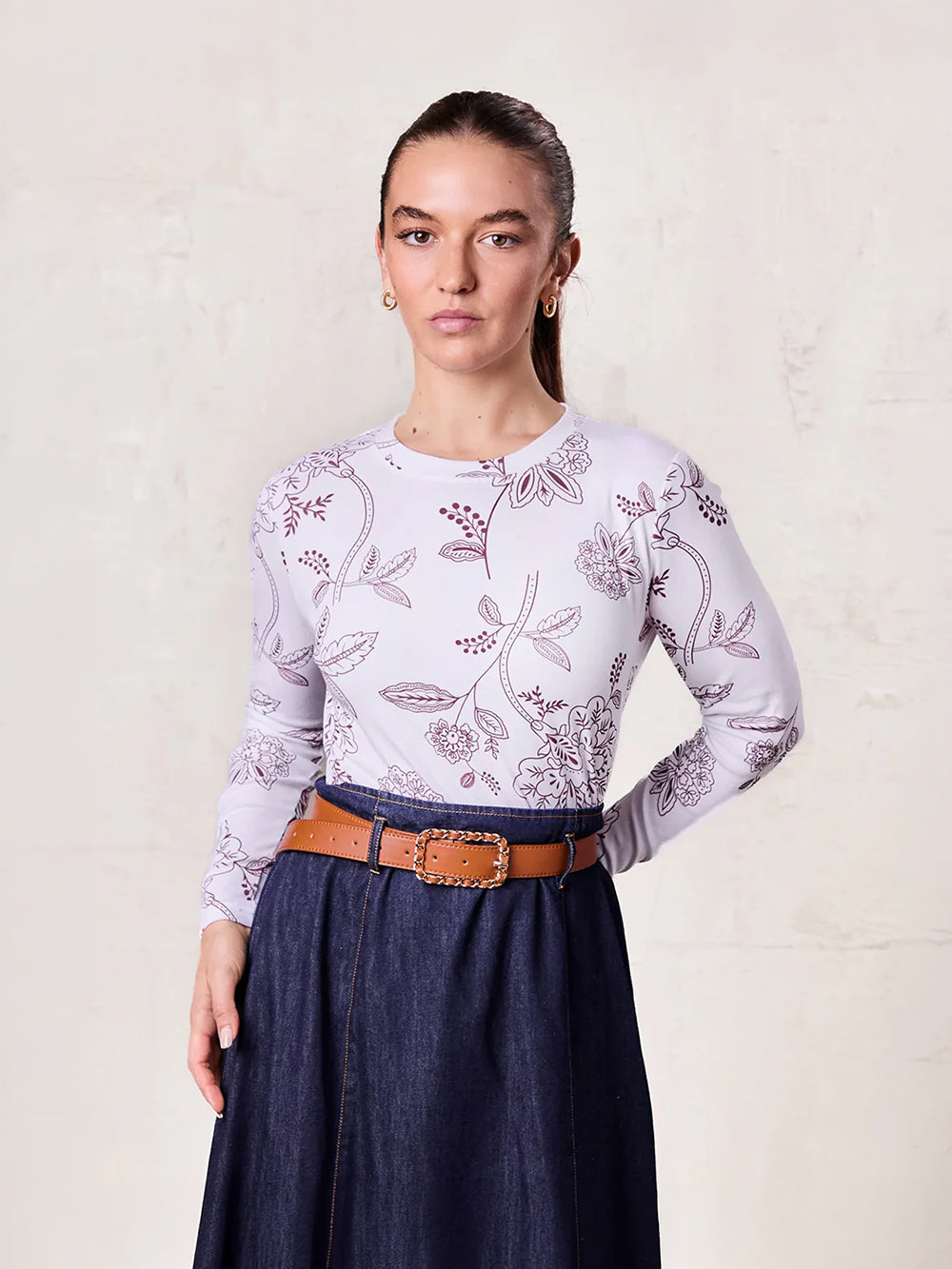 Basic Printed T-shirt-Burgundy Flower