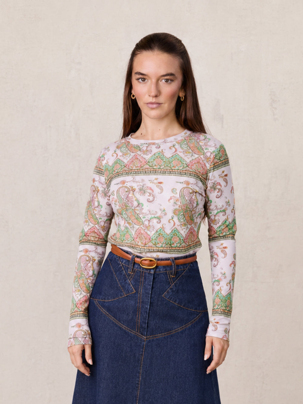 Basic Printed T-shirt-Pink Green Paisley