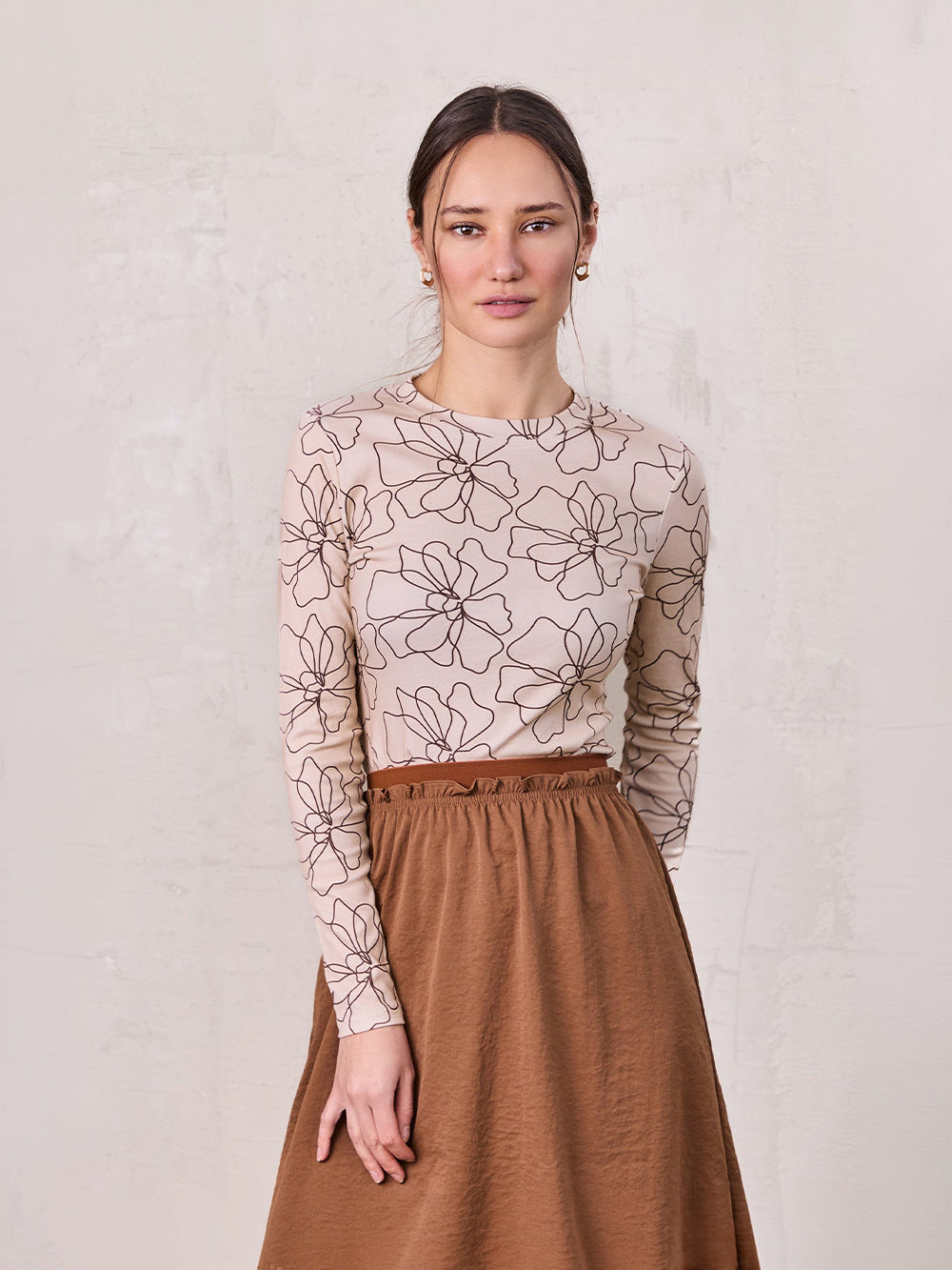 Basic Printed T-shirt-Tan/Brown Floral