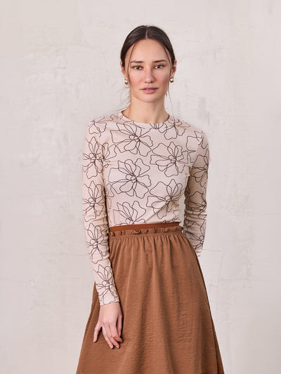 Basic Printed T-shirt-Tan/Brown Floral