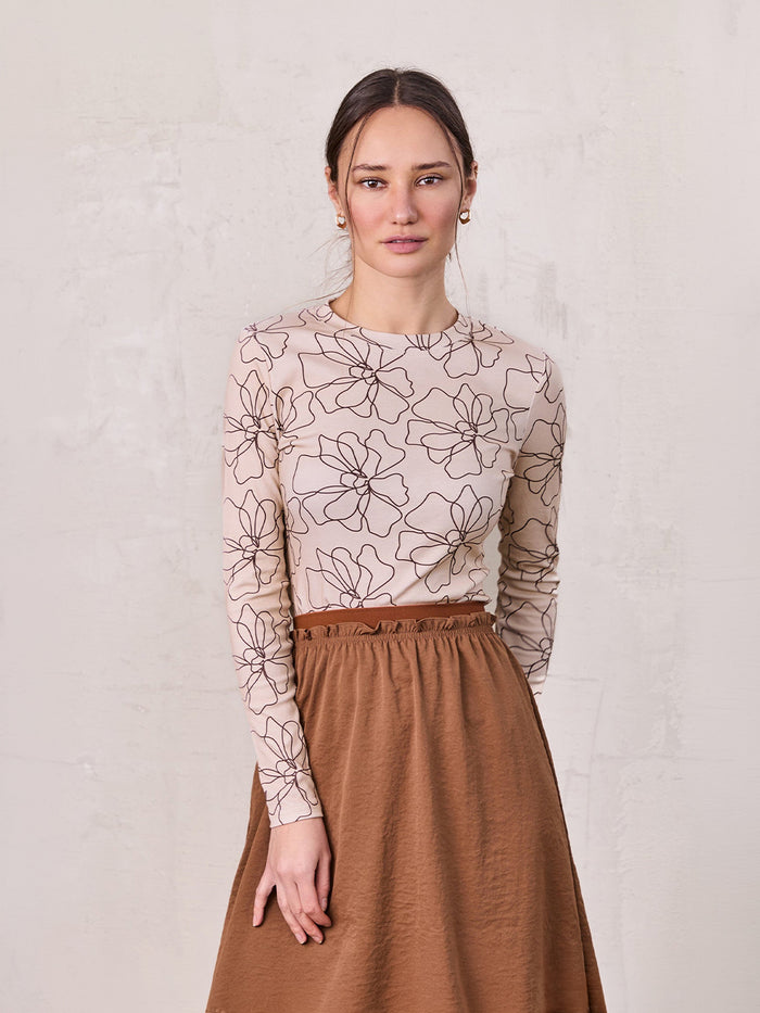 Basic Printed T-shirt-Tan/Brown Floral