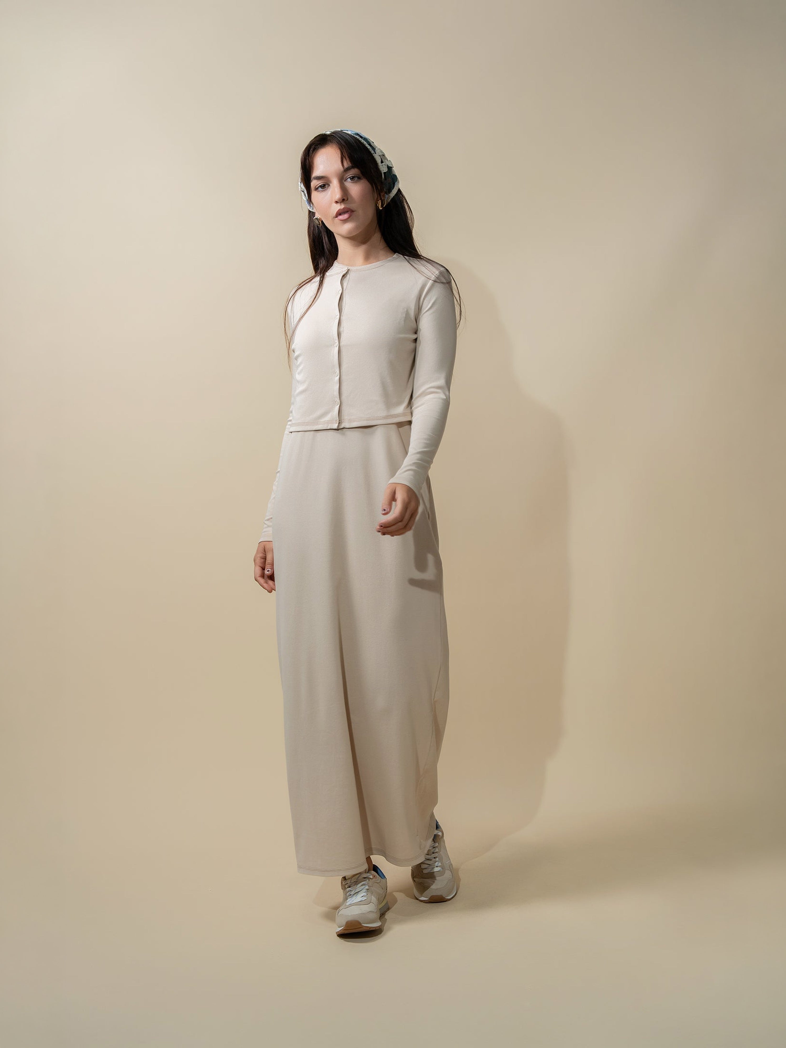 Basic T-Shirt Cropped Cardigan-Tan