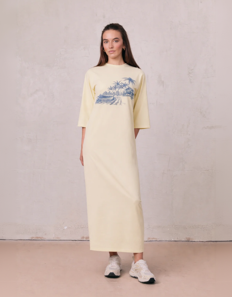 Maxi T-Shirt Dress-Yellow/Blue Palm