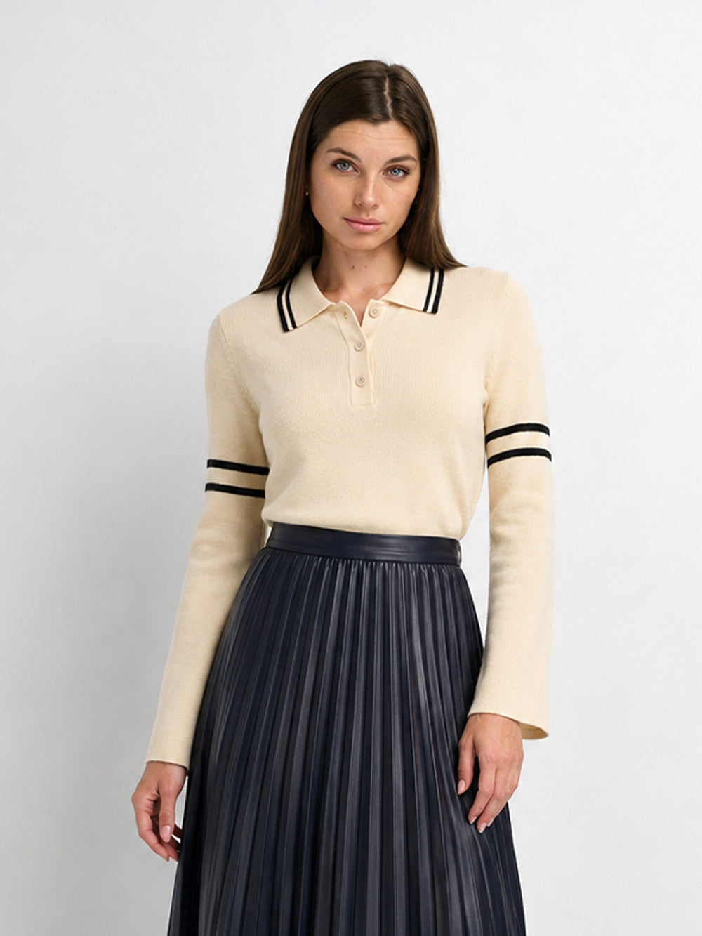 Bell Sleeve Polo-Cream/Black