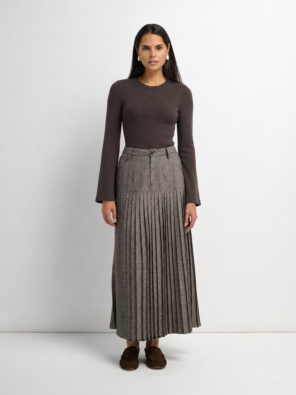 Pleat Bottom Yoke Skirt - Brown/Tan