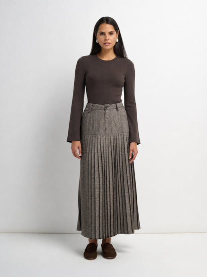 Pleat Bottom Yoke Skirt - Brown/Tan