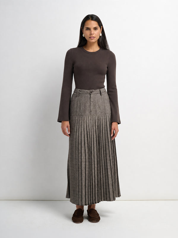 Pleat Bottom Yoke Skirt - Brown/Tan