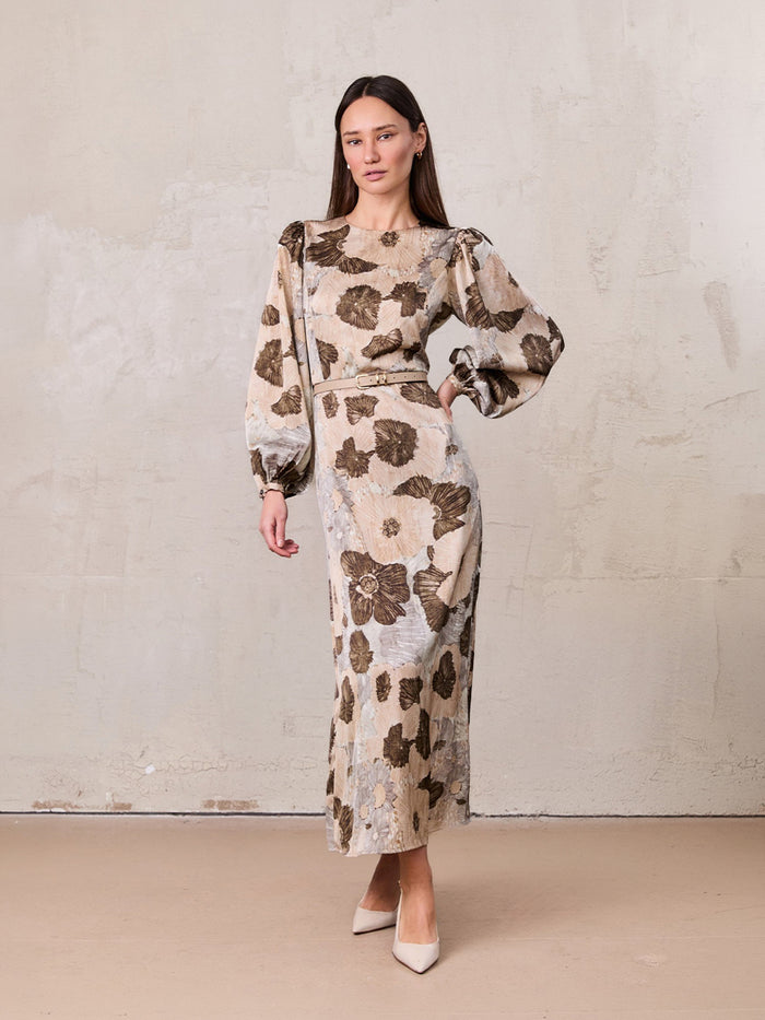 Belted Full Sleeve Dress-Floral