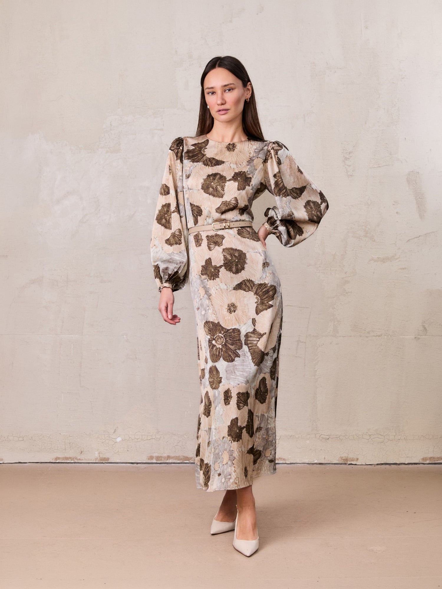 Belted Full Sleeve Dress-Floral