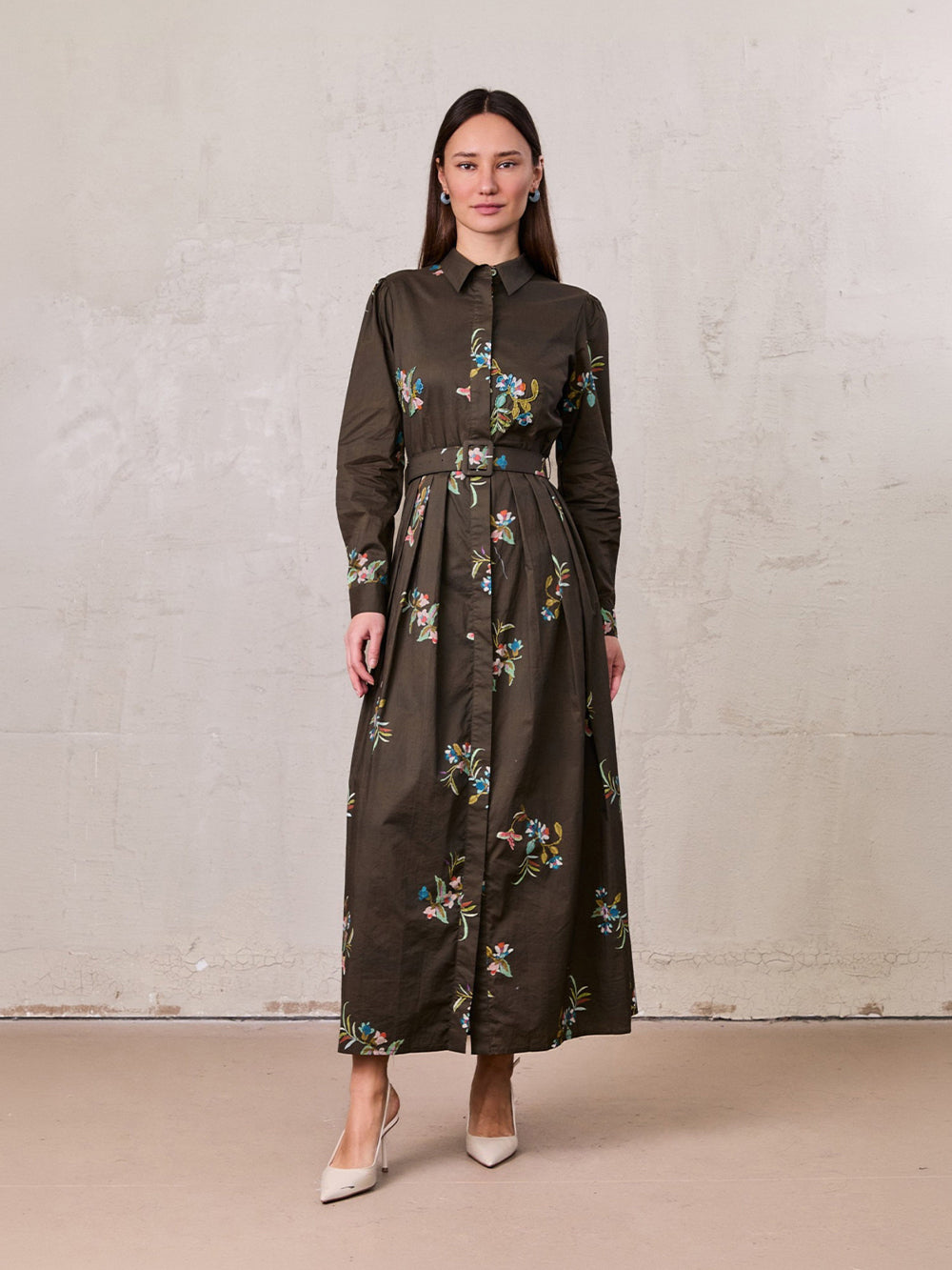 Belted Pleated Bottom Shirtdress-Beaded Floral