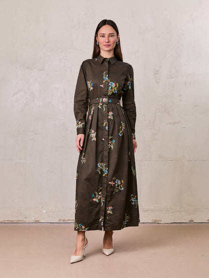 Belted Pleated Bottom Shirtdress-Beaded Floral