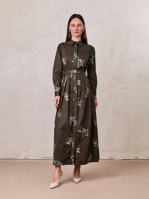 Belted Pleated Bottom Shirtdress-Beaded Floral