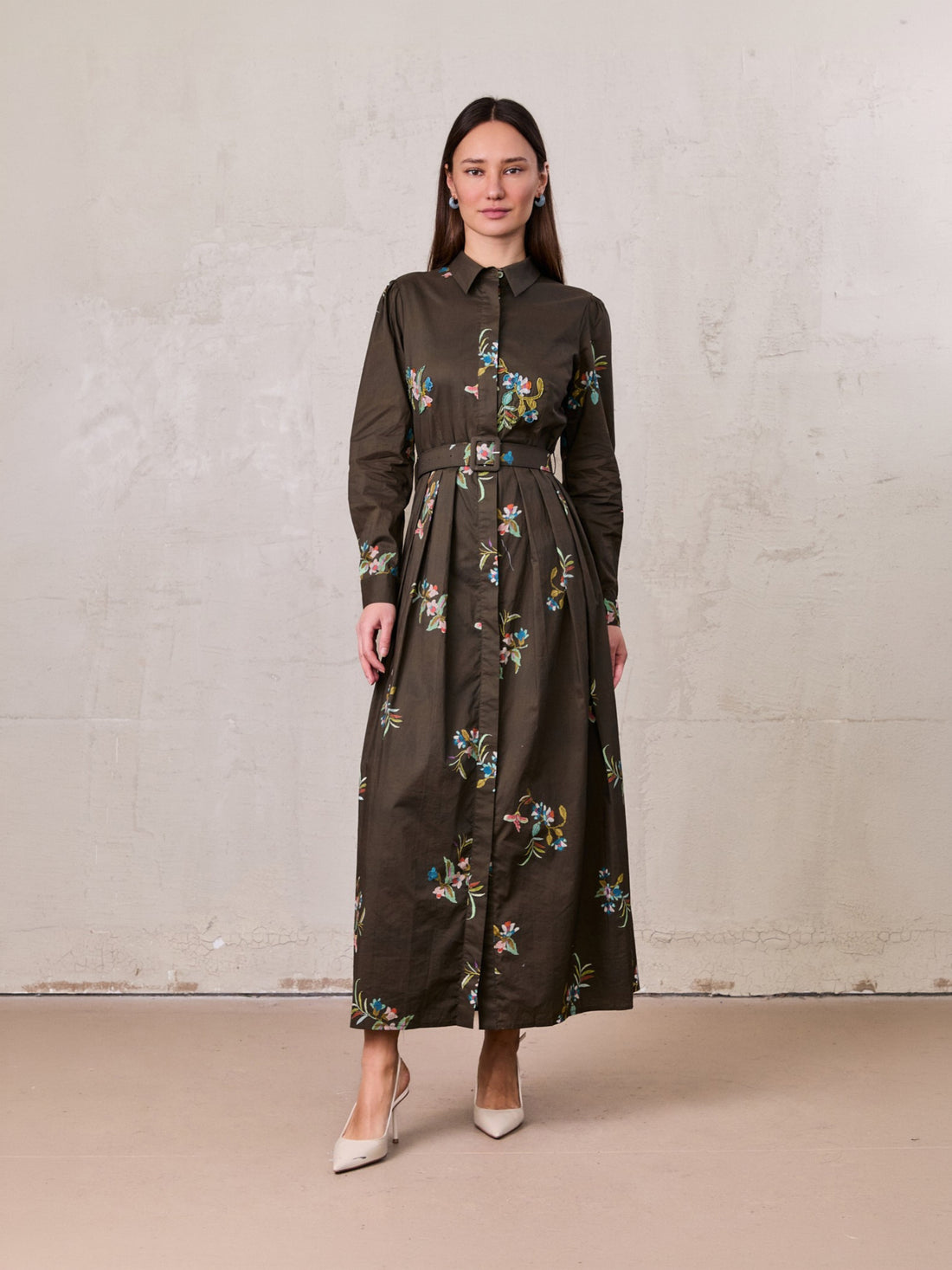 Belted Pleated Bottom Shirtdress-Beaded Floral