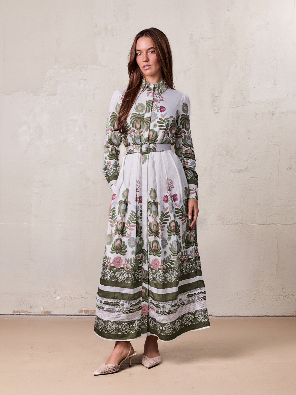 Belted Pleated Bottom Shirtdress-Floral Design