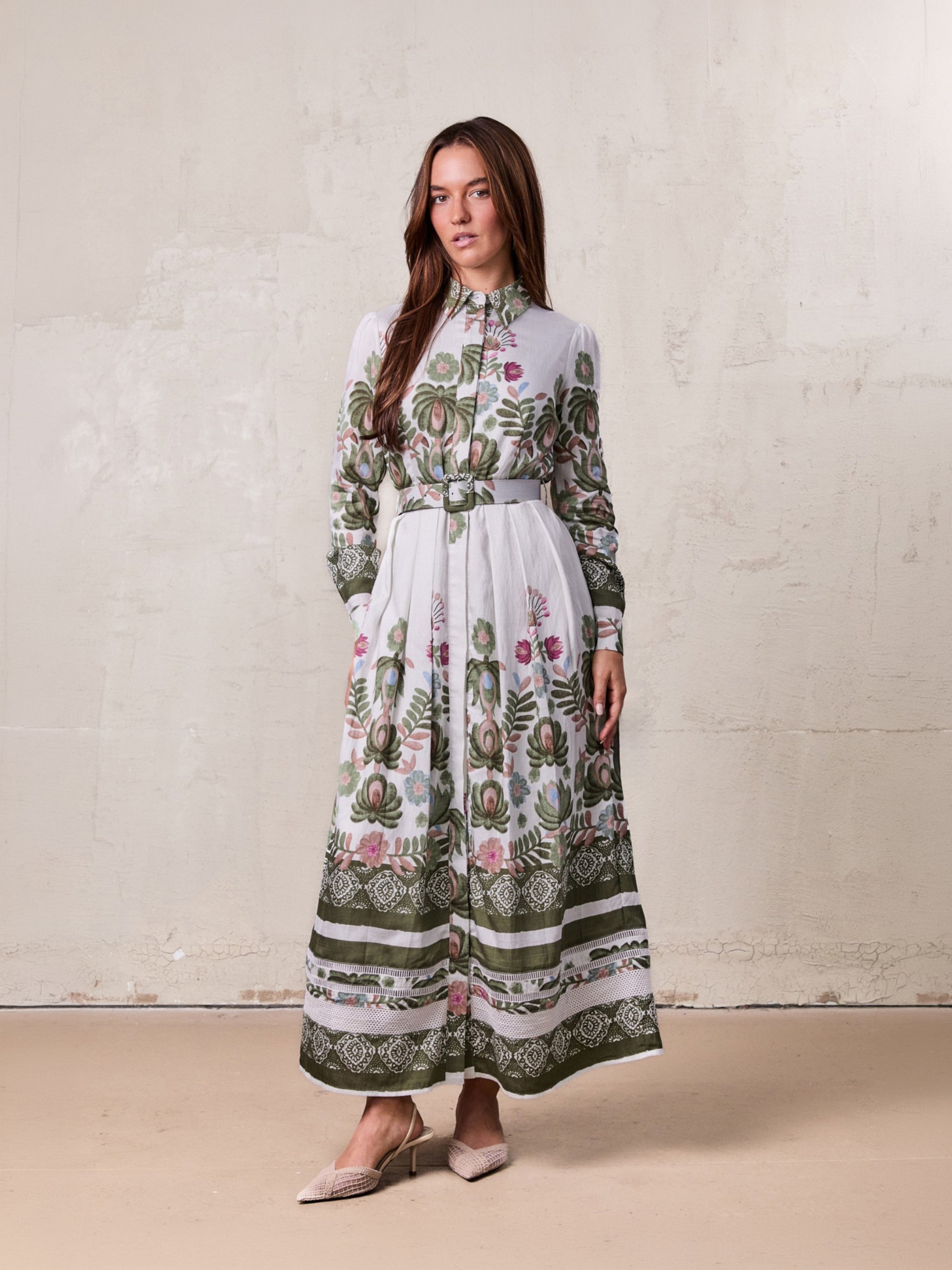 Belted Pleated Bottom Shirtdress-Floral Design