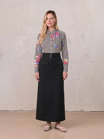 Belted Straight Cargo Pocket Skirt-Black