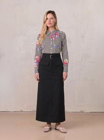 Belted Straight Cargo Pocket Skirt-Black