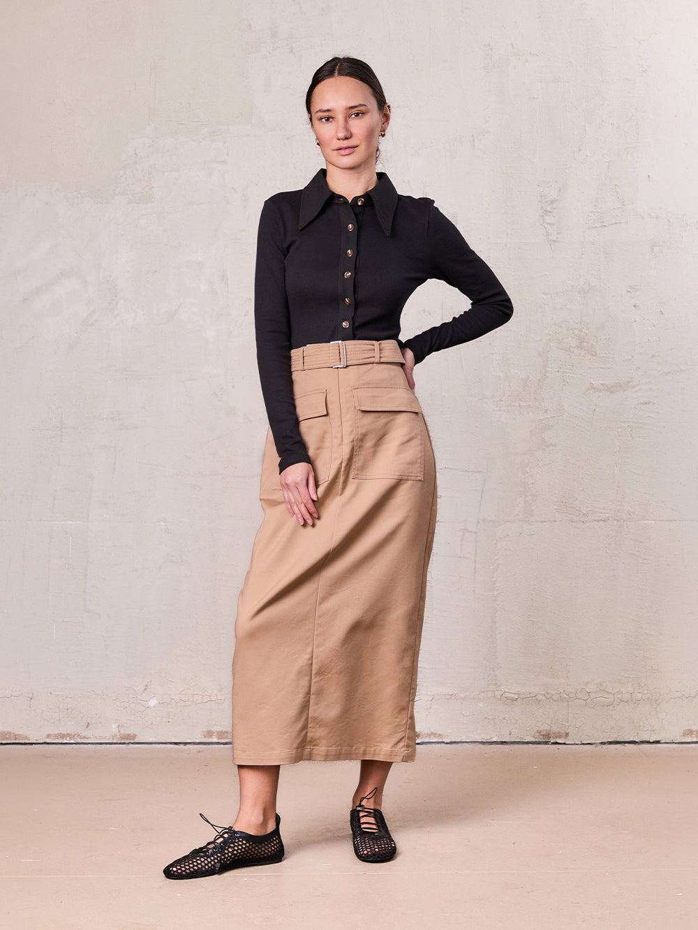 Belted Straight Cargo Pocket Skirt-Tan