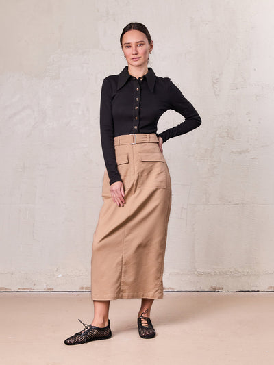 Belted Straight Cargo Pocket Skirt-Tan