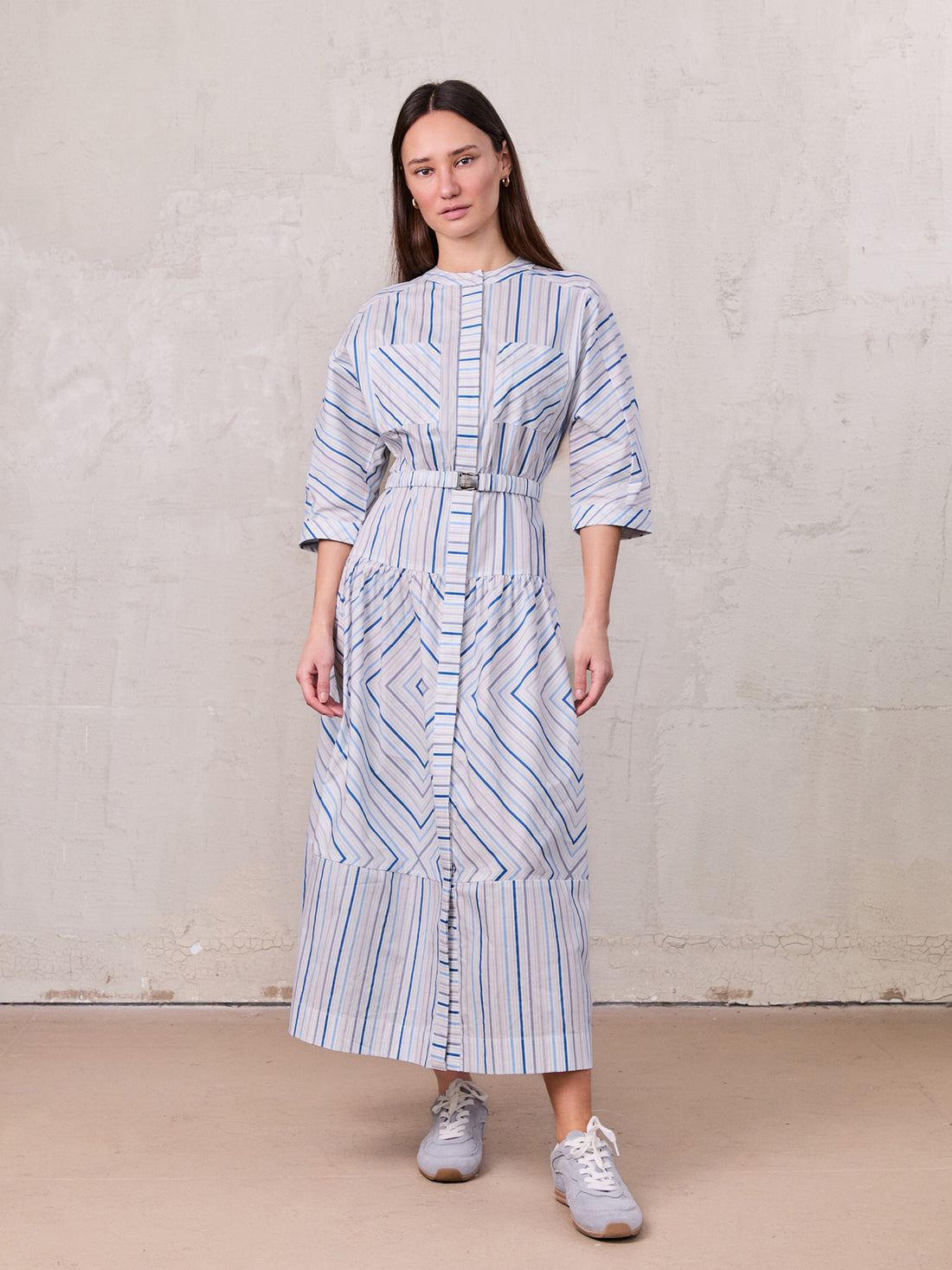 Belted Wide Sleeve Dress-Blue Stripe