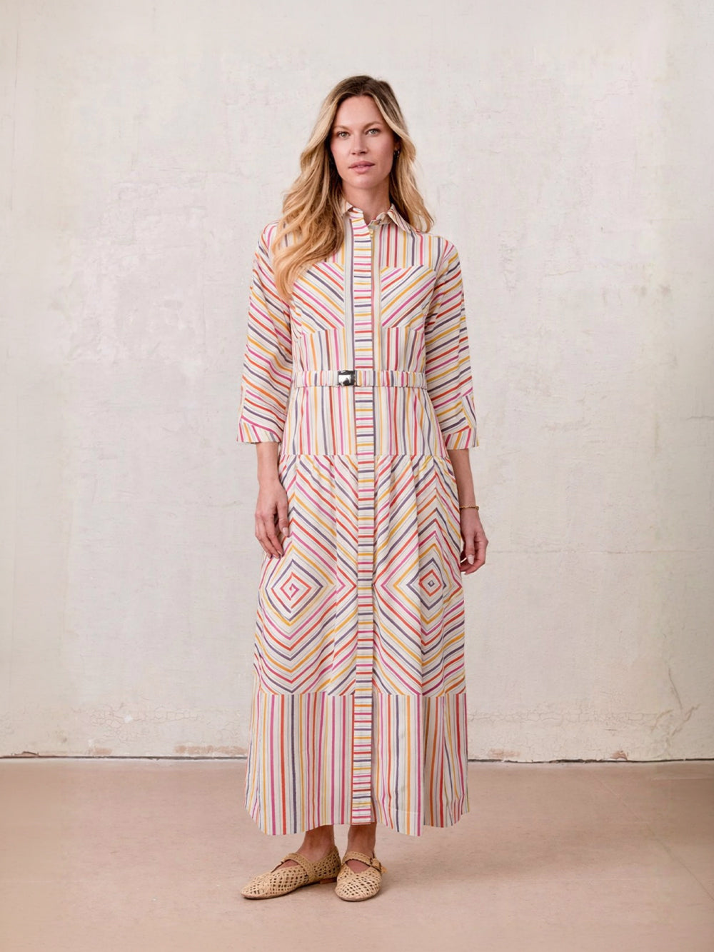 Belted Wide Sleeve Dress-Colored Stripe