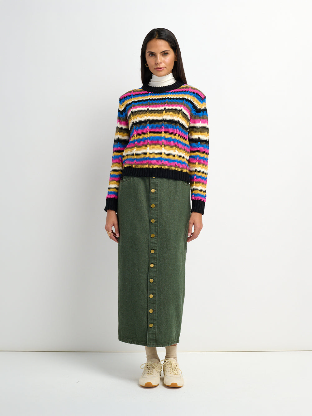 Button Down Straight Denim Skirt - Olive