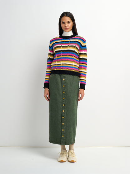 Button Down Straight Denim Skirt - Olive