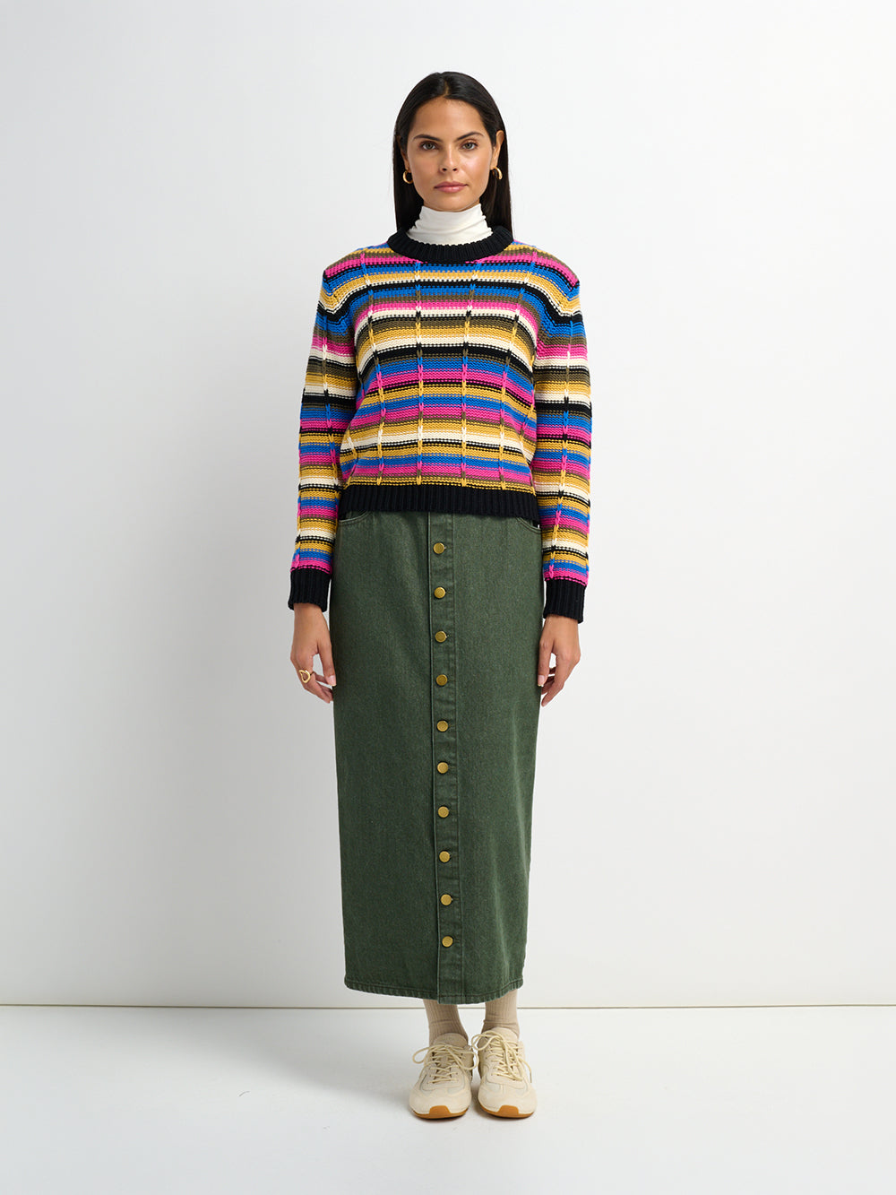 Button Down Straight Denim Skirt - Olive