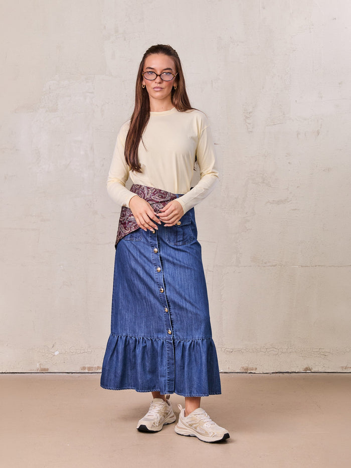 Bottom Ruffle Button Down Denim Skirt-Blue