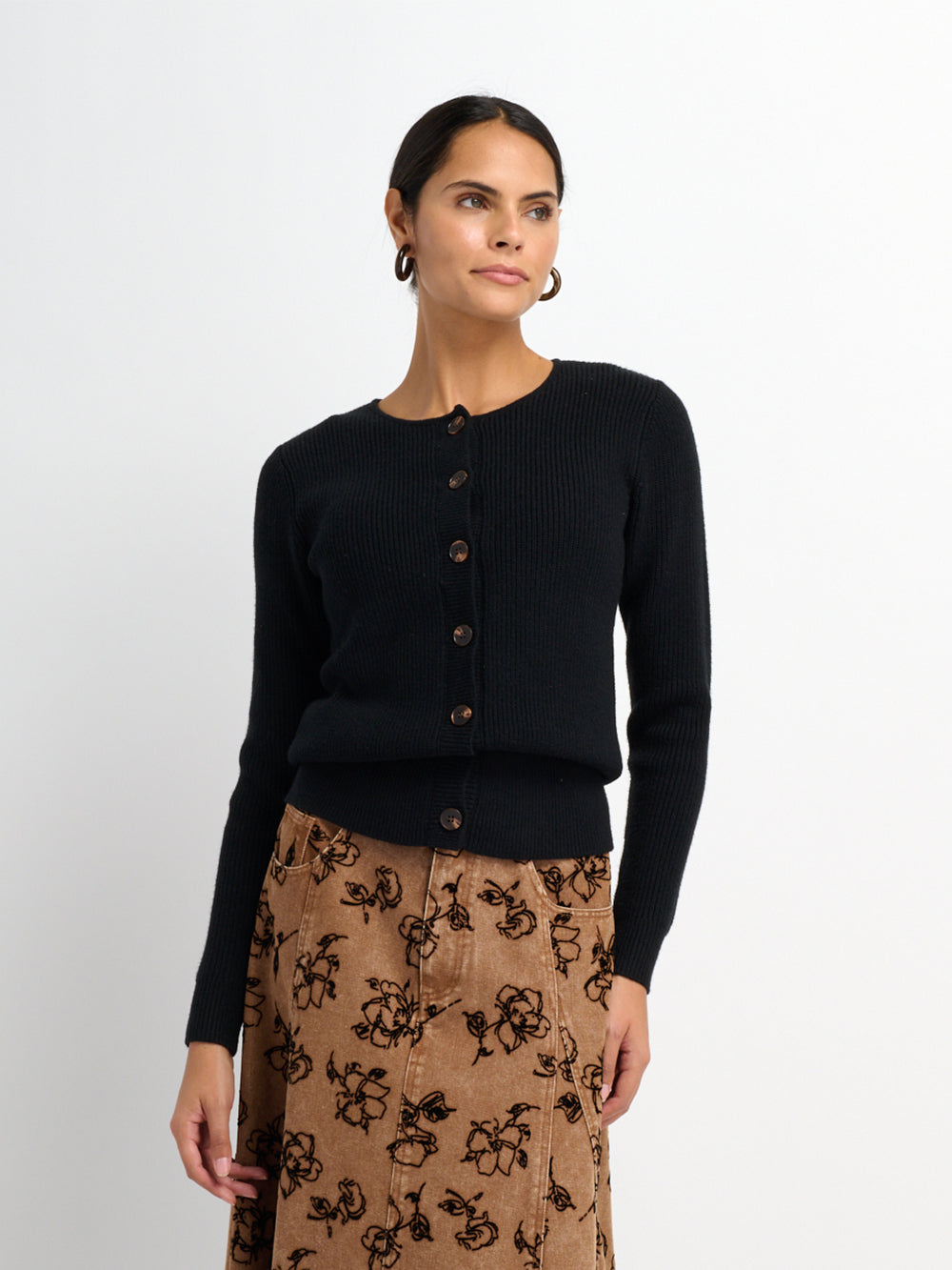 Boxy Crew Neck Button Down Cardigan - Black