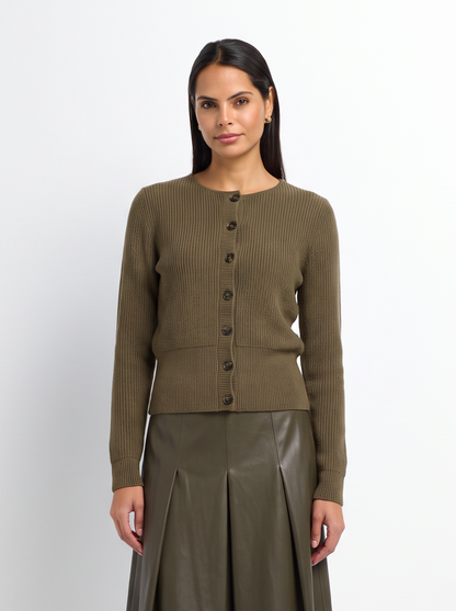 Boxy Crew Neck Button Down Cardigan - Olive