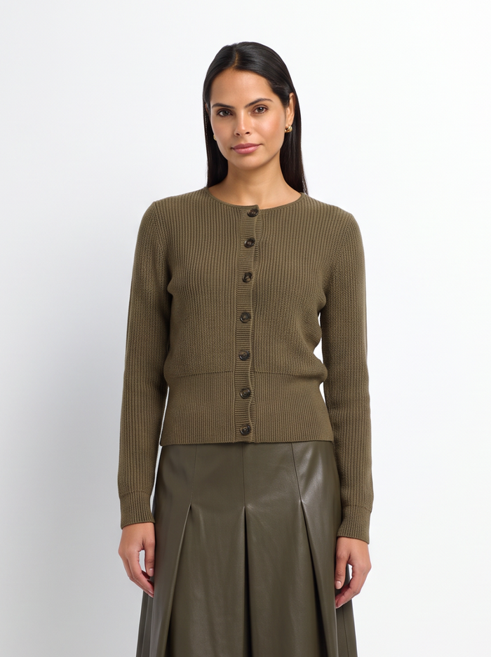 Boxy Crew Neck Button Down Cardigan - Olive