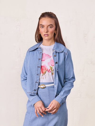 Boxy Denim Collared Top-Light Blue
