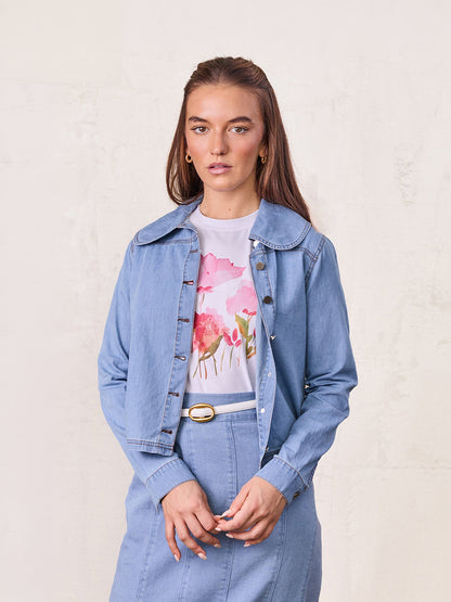 Boxy Denim Collared Top-Light Blue